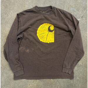 Carhartt Brown Long Sleeve T-Shirt Men's Large Y2K Vintage Logo Workwear Outdoor